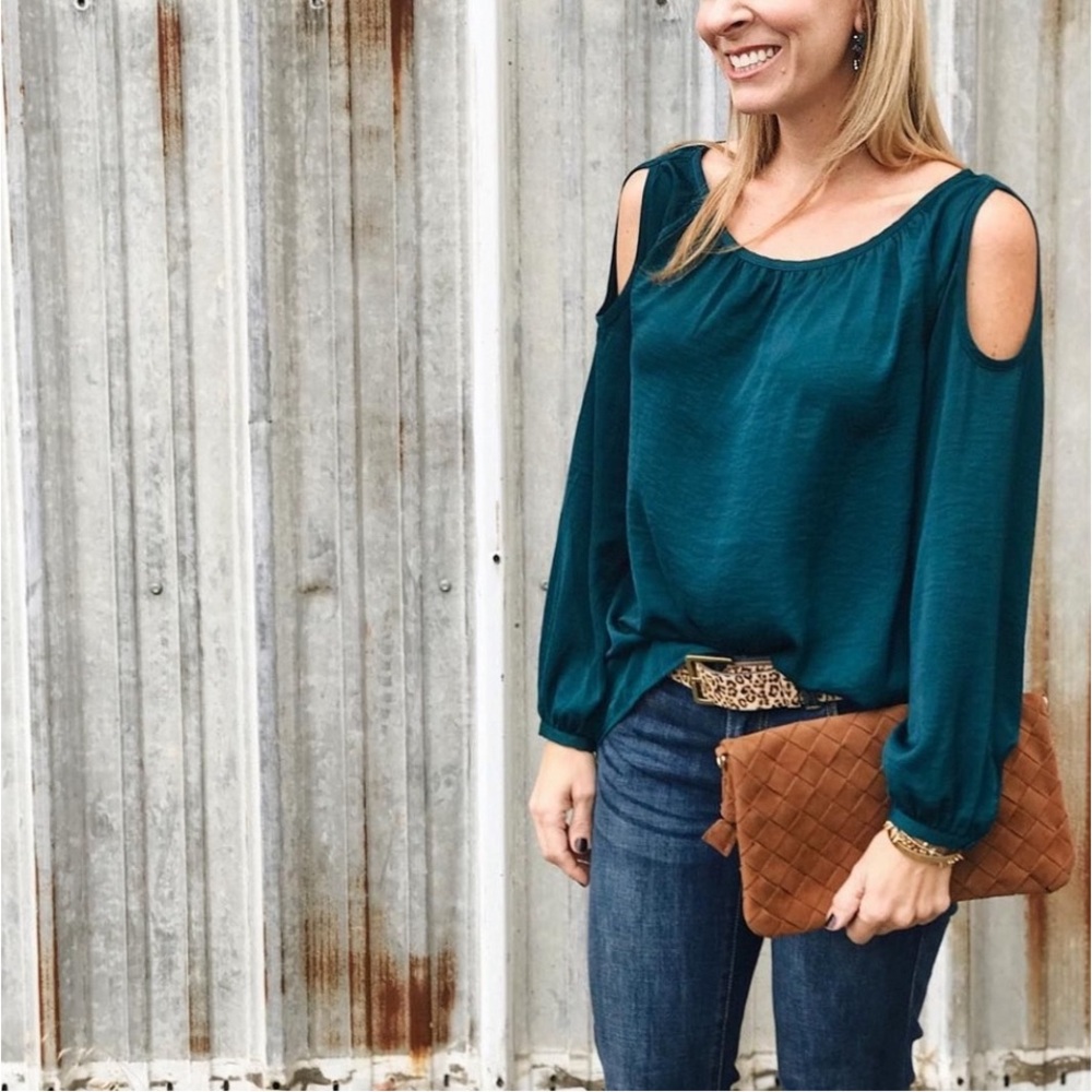 CAbi teal blouse with shoulder cutouts. Size medium